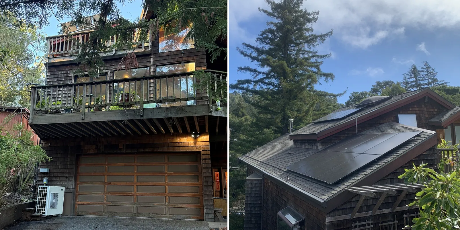 Two photos side by side. Left: a brown-shingled house with a wooden deck above a garage, and a white outdoor unit on the ground beside the garage door. Right: a shingled roof among tall trees, with dark solar panels.